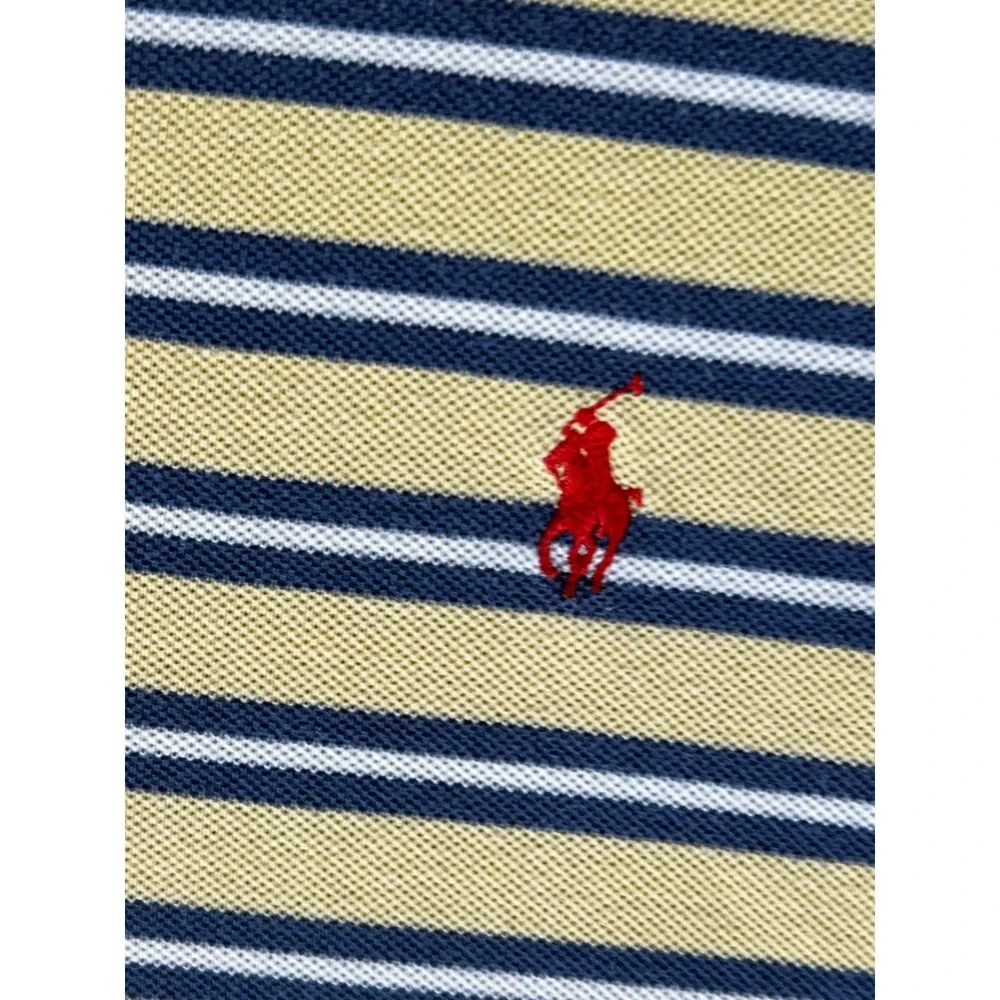 Polo Ralph Lauren Mens Large Yellow Navy Blue Striped Pique Short Sleeve Polo